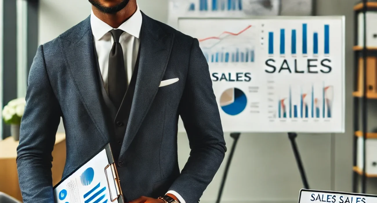 DALL·E 2024-10-23 07.54.25 - A professional Nigerian man in sales, dressed in a business suit, smiling confidently while holding a clipboard. He stands in a modern office setting,