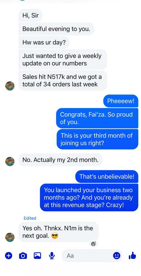 Fai'za Testimonial Screenshot: Zero to ₦518k
